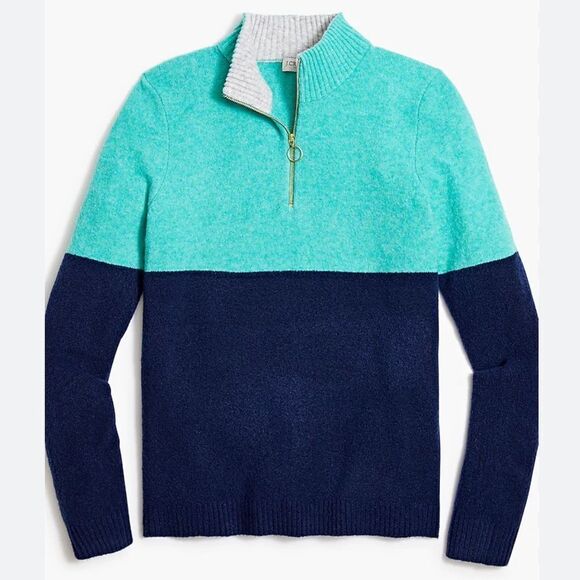 J. Crew Factory Teal Navy Colorblock Quarter Zip Soft Yarn Pullover Sweater - Picture 1 of 16